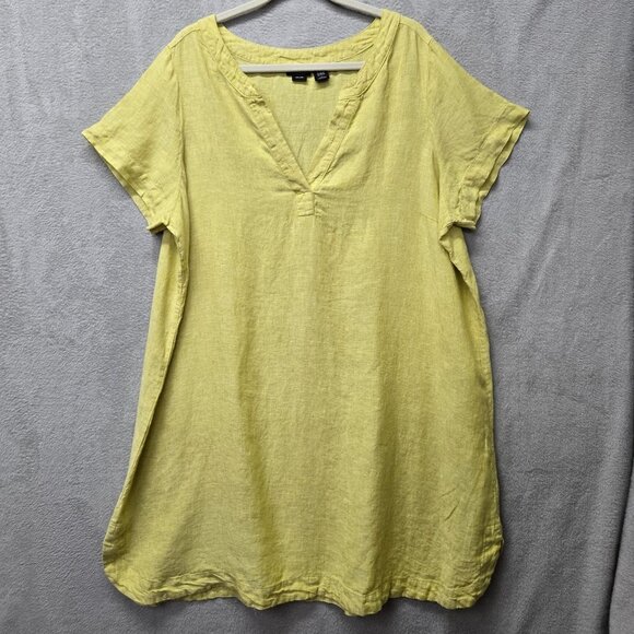 Tahari 2X 100% Linen Shirt Dress Tunic Yellow Short Sleeve V Neck - Picture 1 of 9
